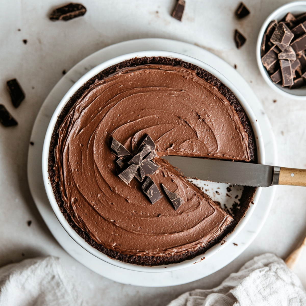 Top-down view of a homemade triple chocolate mousse cake with a slice cut out. A knife rests in the slice space, chocolate chunks on top, and crumbs scattered around on a white plate with a linen napkin nearby.