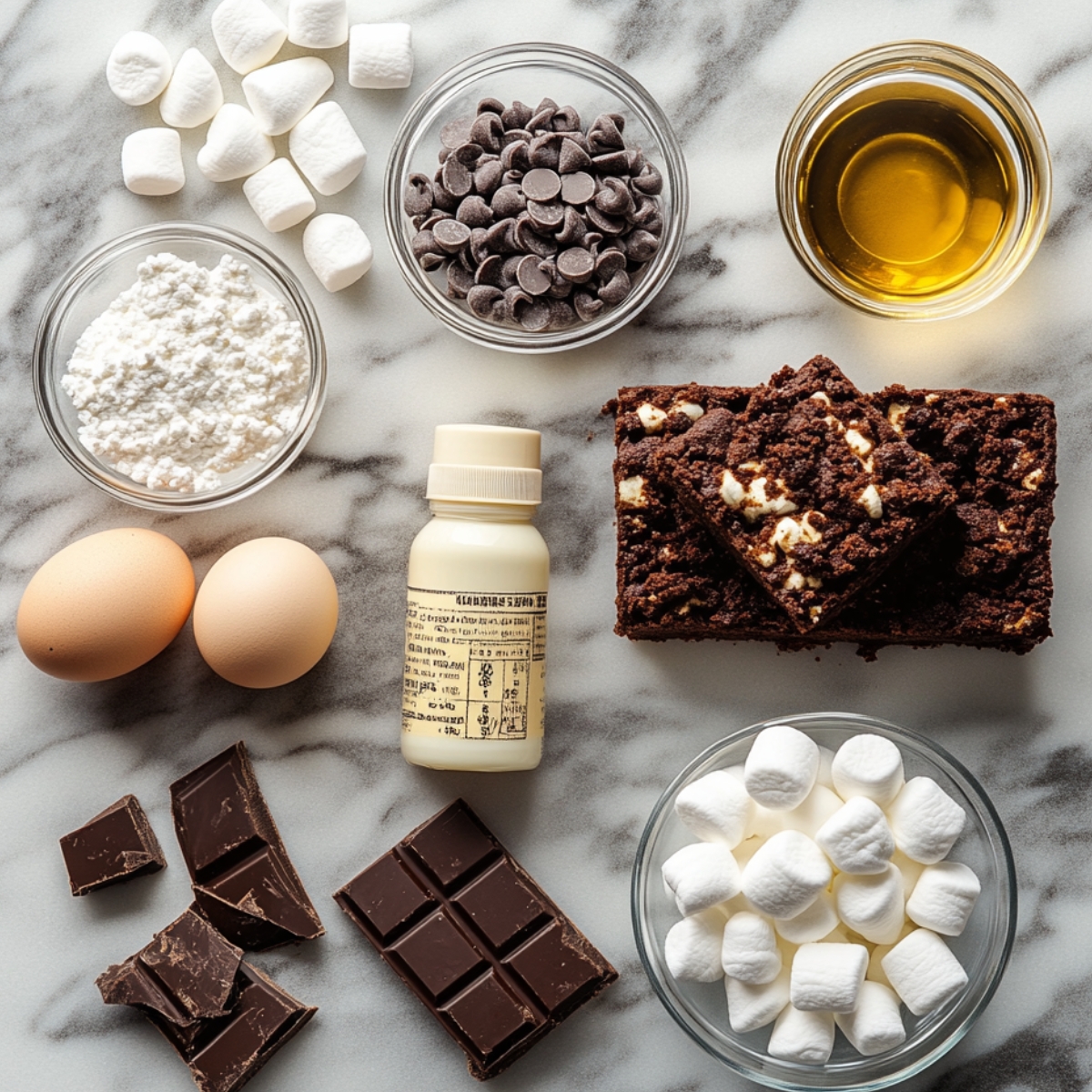 Flat lay of s’mores brownie ingredients on marble: eggs, chocolate chips, mini marshmallows, oil, vanilla extract, dry mix, chocolate pieces, and fudgy brownies with nut chunks.