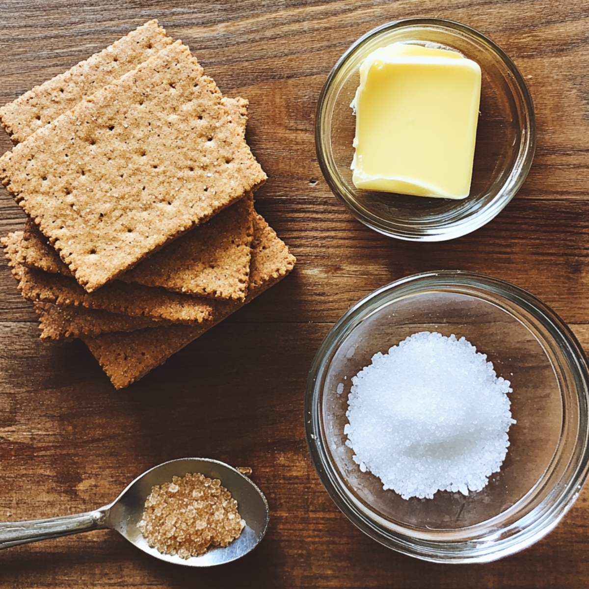 Graham crackers, salted butter, white sugar in a bowl, and brown sugar in a spoon on a wooden surface—ingredients for a homemade graham cracker crust.