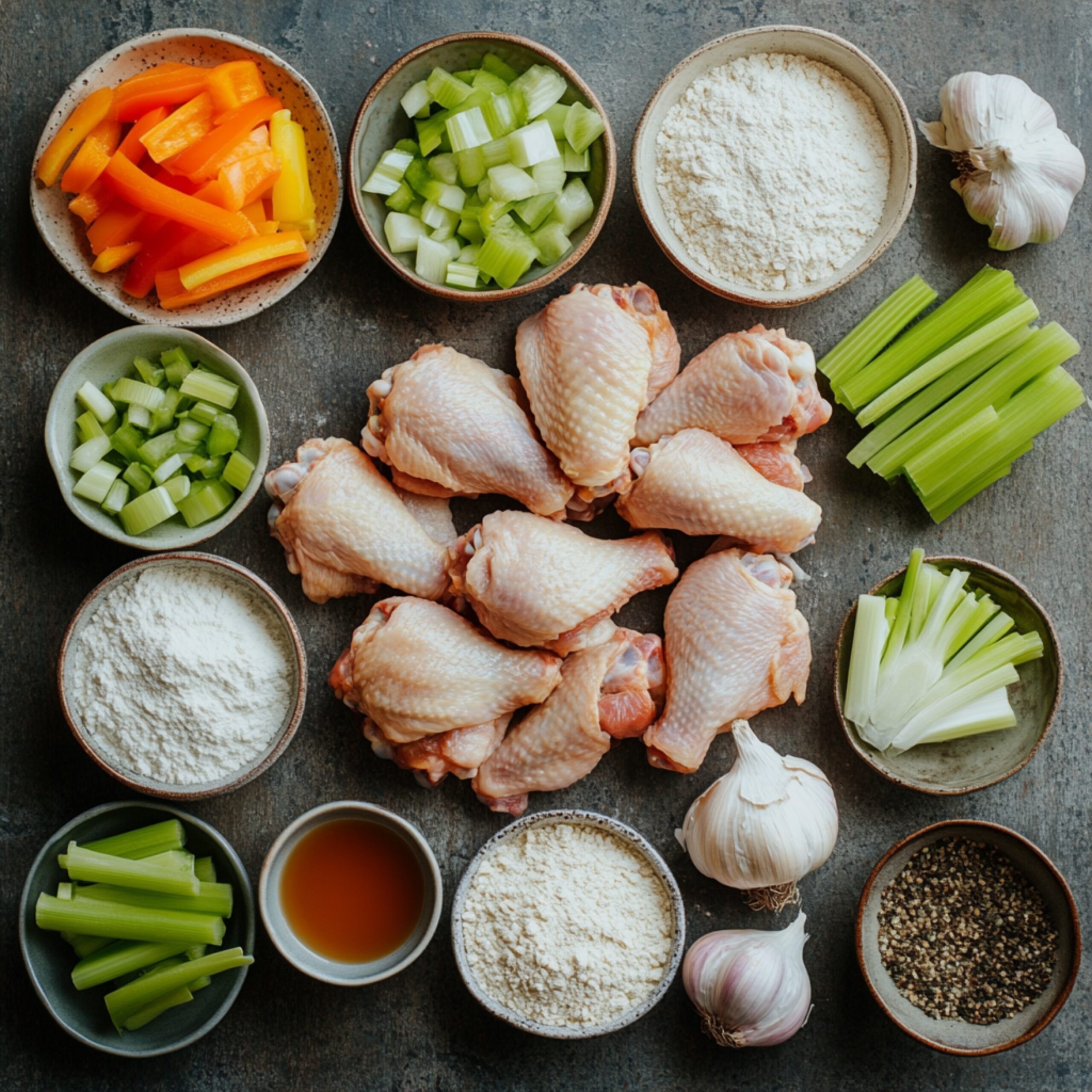 A rustic countertop with ingredients for smothered chicken wings: fresh chicken wings, chopped celery, yellow bell pepper slices, minced garlic, flour, chicken broth, and black pepper.