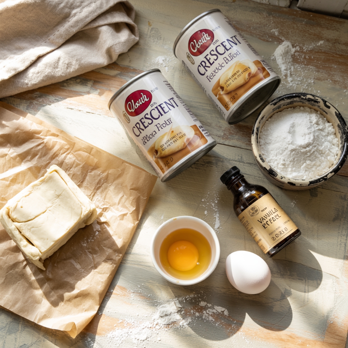 Top-down view of Sopapilla Cheesecake ingredients including crescent roll dough cans, cream cheese, vanilla extract, a cracked egg, and powdered sugar on a rustic kitchen surface, with natural sunlight and a cozy, homemade vibe.