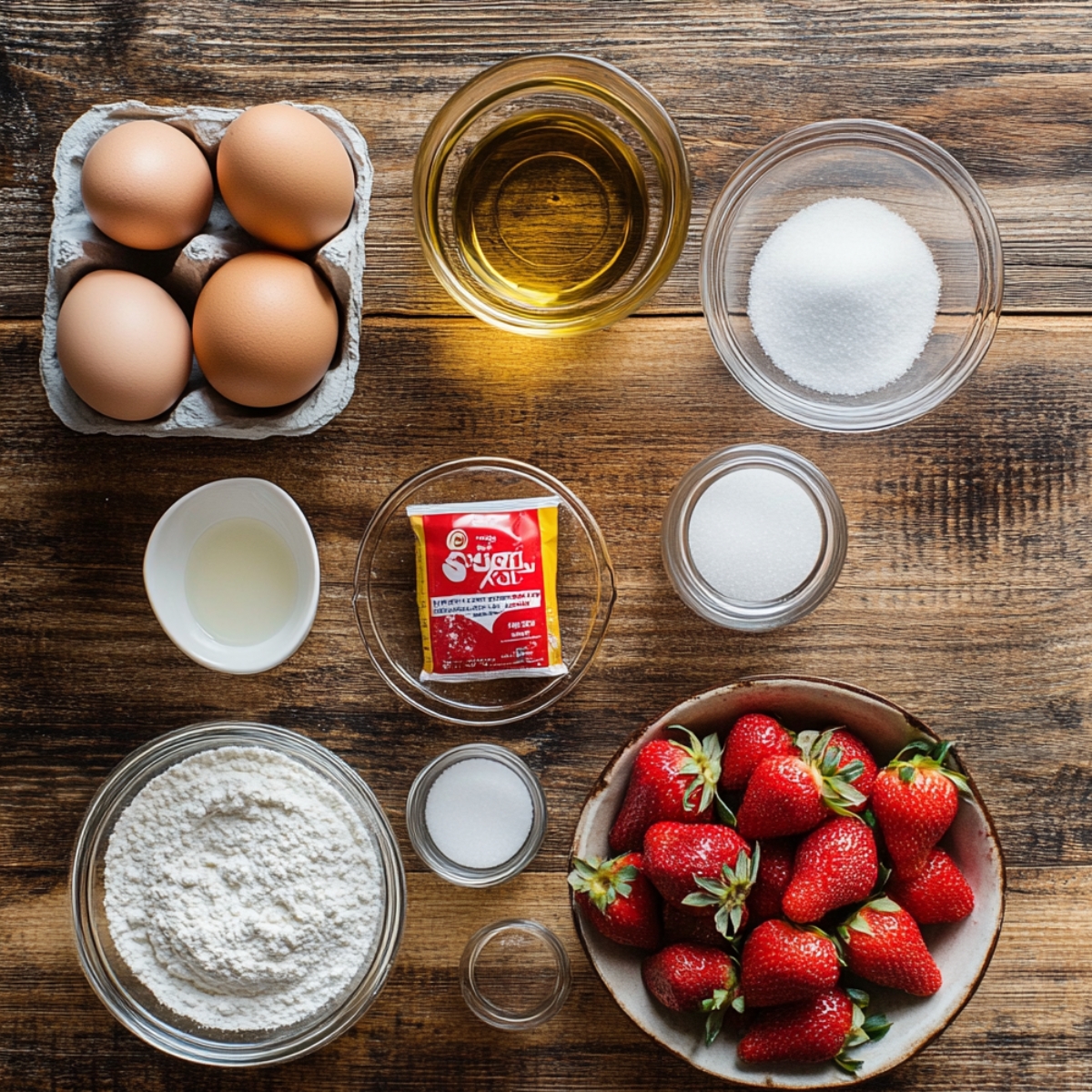 Flat lay of homemade strawberry poke cake ingredients on a rustic wooden table, including eggs, oil, sugar, flour, fresh strawberries, Jello packet, vanilla, and salt.