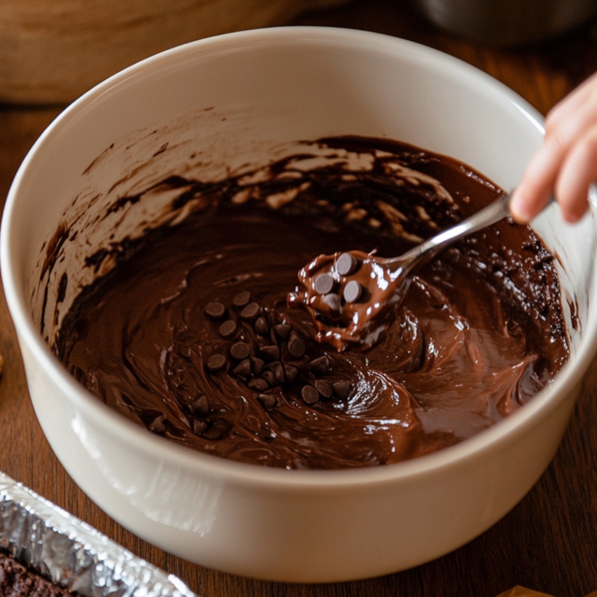 Thick brownie batter in a white bowl with chocolate chips, as a child’s hand lifts a spoonful. A foil-lined pan sits nearby on a wooden surface.