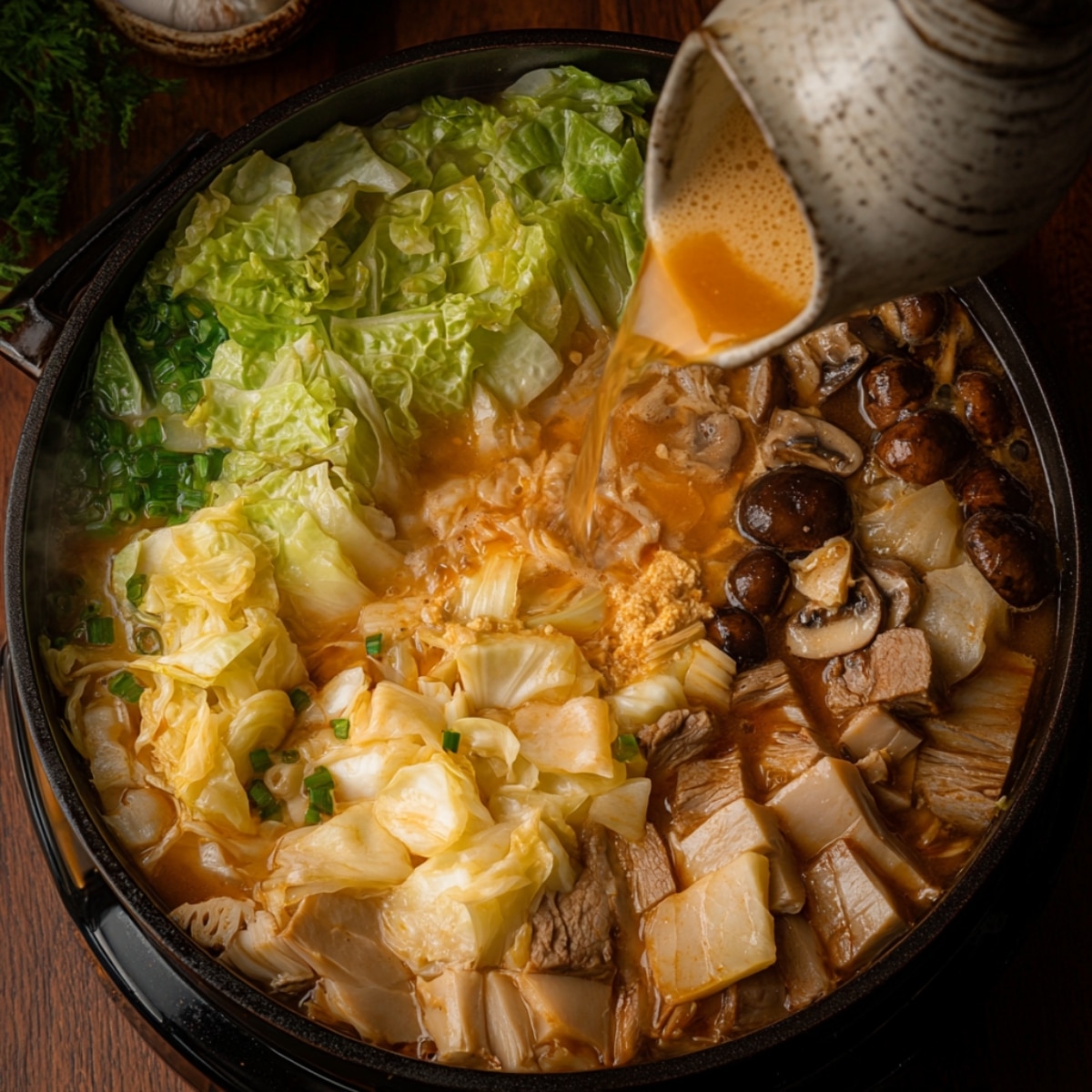 A close-up shot of Mille Feuille Nabe with broth being poured into a pot of layered napa cabbage, sliced meat, and mushrooms. Green onions garnish the top, with warm lighting enhancing the simmering ingredients.