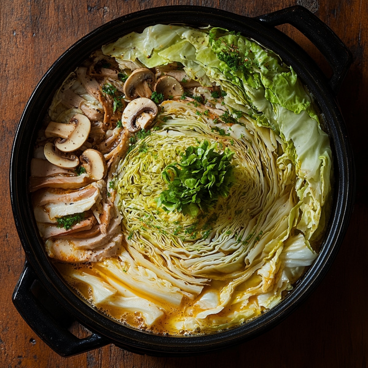 An overhead shot of Mille Feuille Nabe in a black pot, with spiral layers of napa cabbage, sliced meat, mushrooms, and green onions, surrounded by golden broth. Soft lighting emphasizes the textures, creating a warm, homemade vibe.