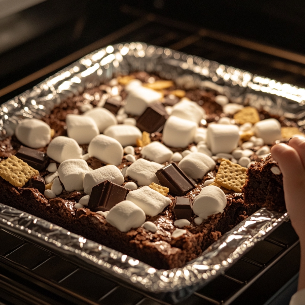S’mores brownies in a foil-lined pan inside the oven, topped with marshmallows, chocolate chunks, and graham pieces. A child’s hand reaches in as the marshmallows begin to puff.