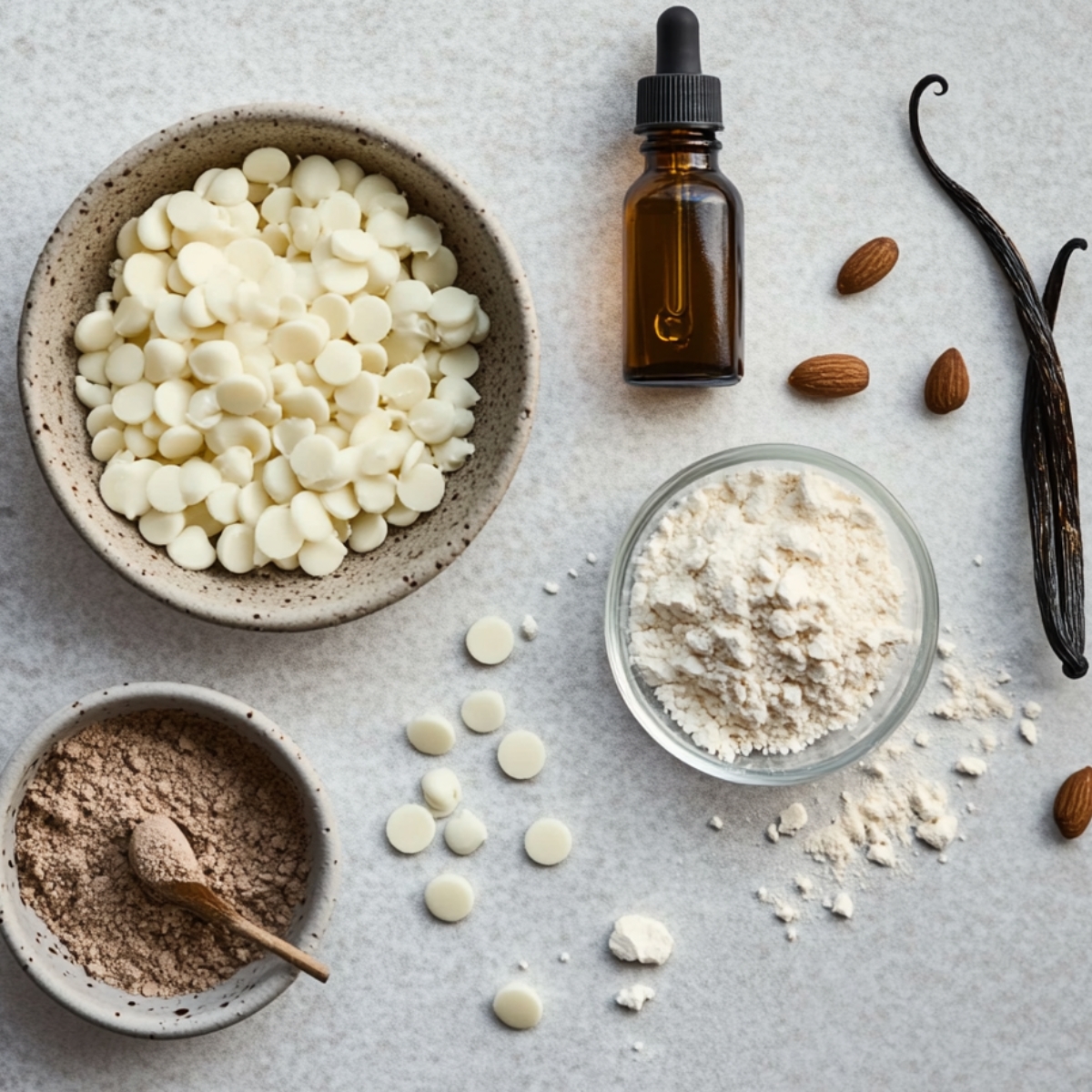 Vanilla brownie enhancers on a light surface: white chocolate chips, almond extract in a dropper bottle, vanilla beans, almonds, flour, and malted milk powder in small bowls.