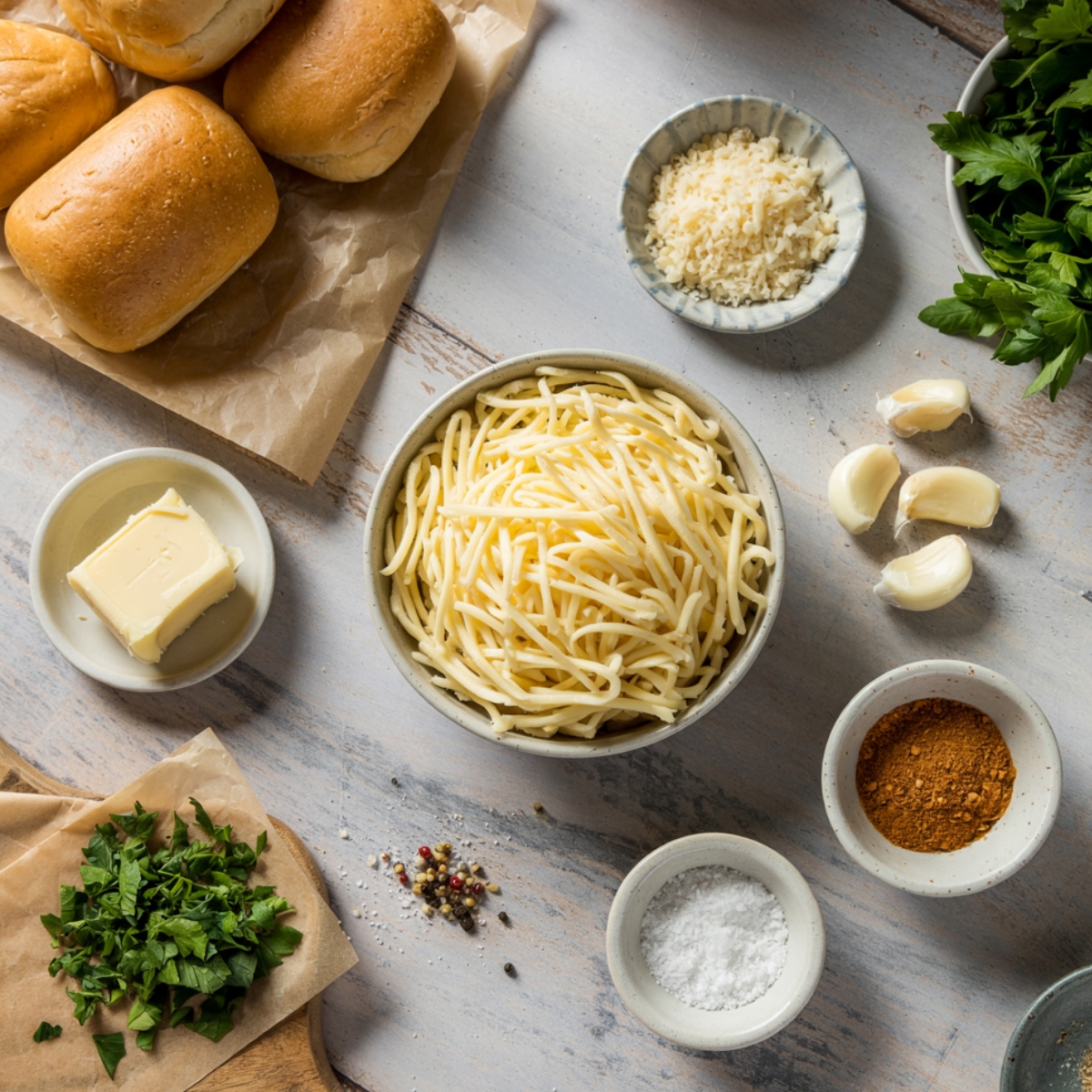 A detailed overhead view of fresh ingredients arranged on a rustic wooden surface for homemade Garlic Cheese Rolls. Ingredients include soft golden bread rolls, a bowl of shredded mozzarella cheese, minced fresh parsley, garlic cloves, grated parmesan cheese, butter, salt, pepper, and a bowl of spices, all neatly organized and ready for cooking.