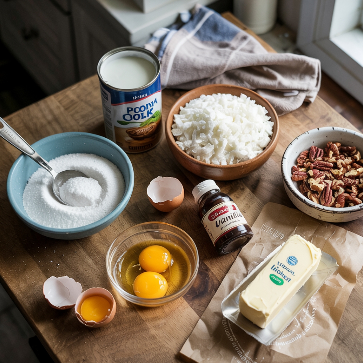 Ingredients for German chocolate poke cake frosting, including butter, eggs, sugar, evaporated milk, shredded coconut, chopped pecans, and vanilla, arranged on a wooden kitchen counter.