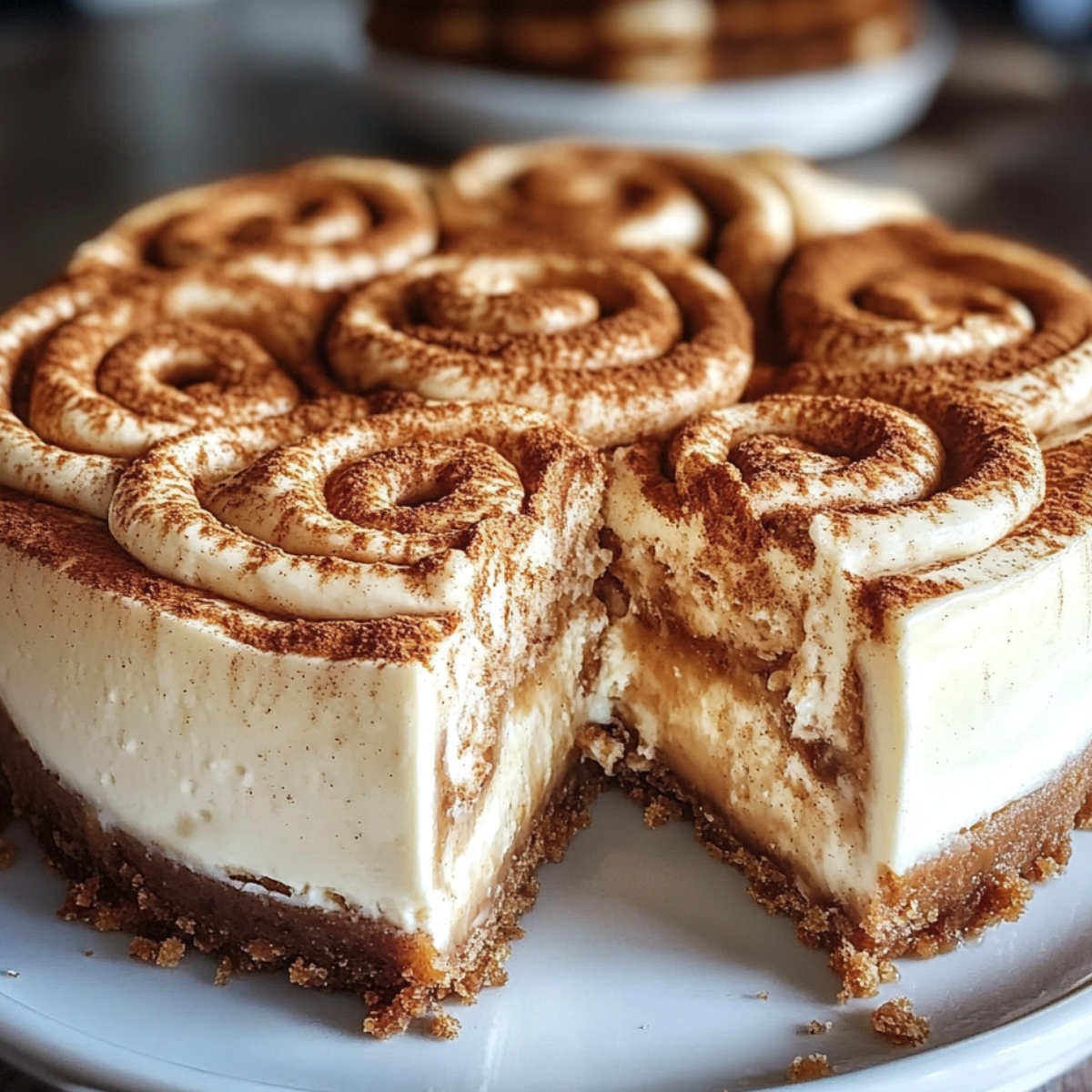 Homemade cinnamon roll honeybun cheesecake with a thick graham cracker crust, creamy filling, cinnamon swirl frosting on top, and a gooey cinnamon-sugar layer inside. One slice is cut to show the rich, layered texture.