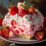 A slice of homemade strawberry poke cake topped with whipped cream and fresh strawberries, showing creamy layers and a moist vanilla base.