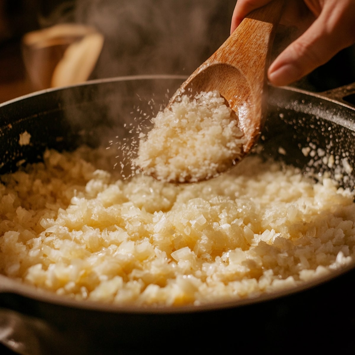 Sautéed diced onions in a skillet, stirred with a wooden spoon as steam rises—base for creamy mushroom soup.