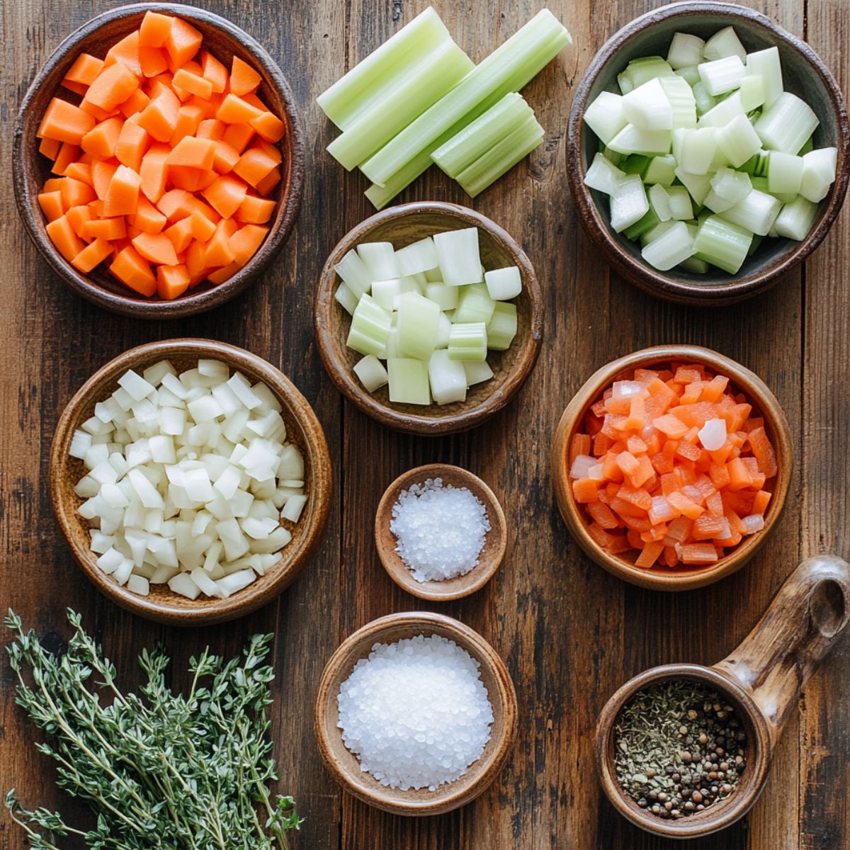 Chopped carrots, celery, onions, fresh thyme, salt, and pepper arranged in wooden bowls on a rustic table for homemade beef barley soup.