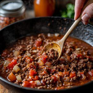 Simmering ground beef, diced tomatoes, and onions in a skillet, stirred with a wooden spoon—creating a rich, homemade sauce for creamy beef and shells.