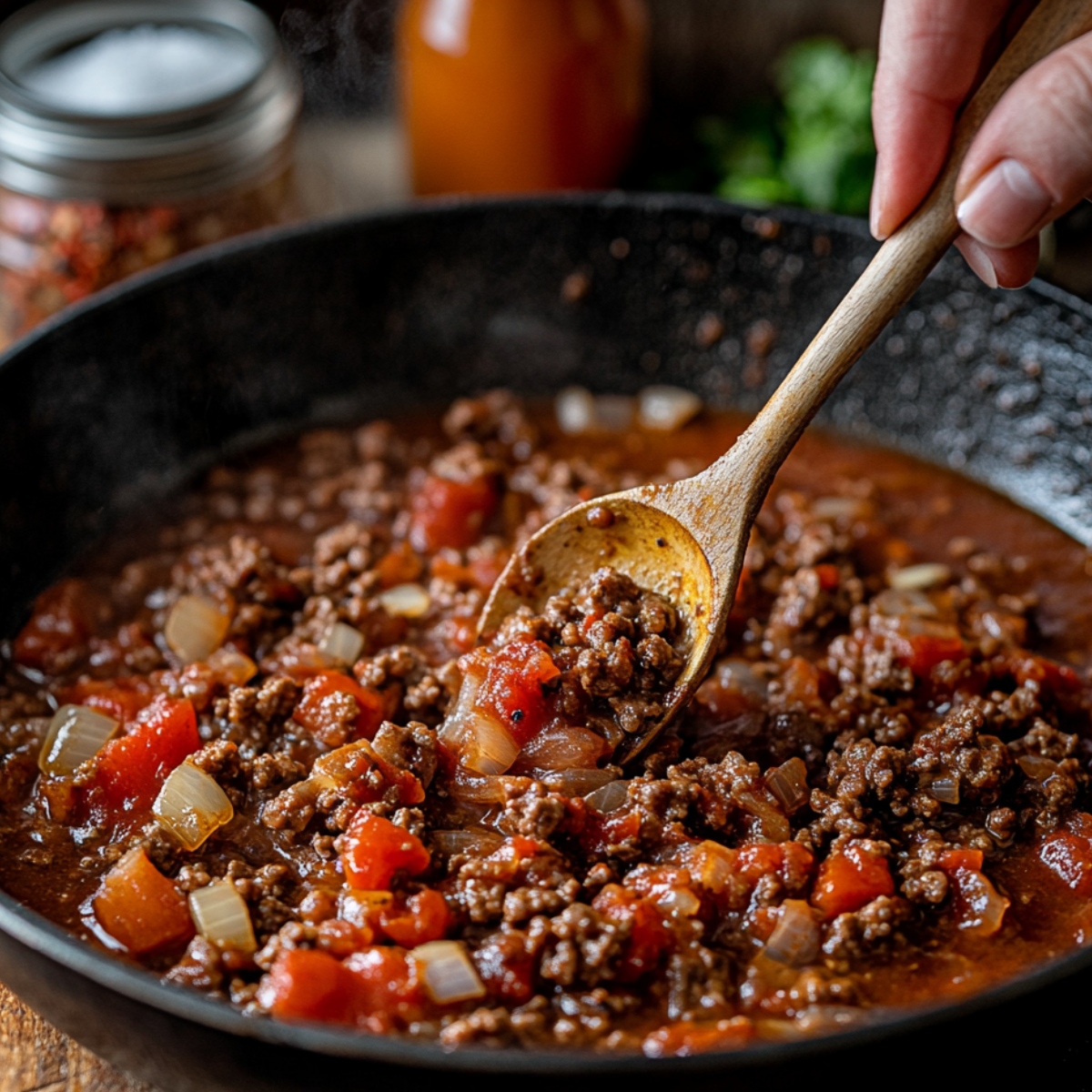 Simmering ground beef, diced tomatoes, and onions in a skillet, stirred with a wooden spoon—creating a rich, homemade sauce for creamy beef and shells.