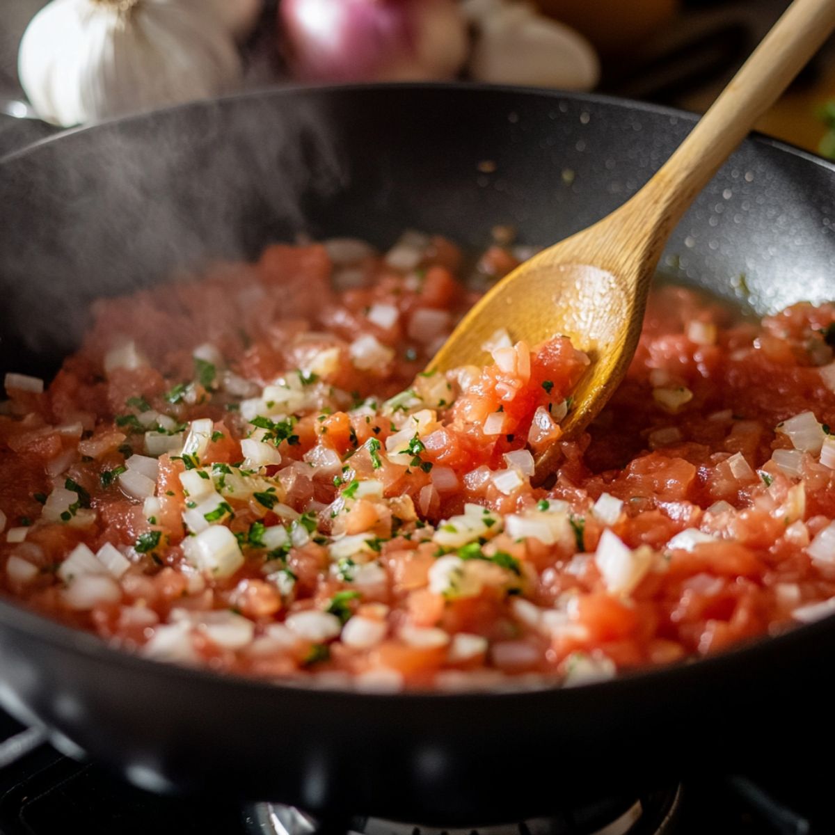 Sautéed onions and tomatoes simmering in a skillet with herbs, stirred with a wooden spoon, steam rising gently.