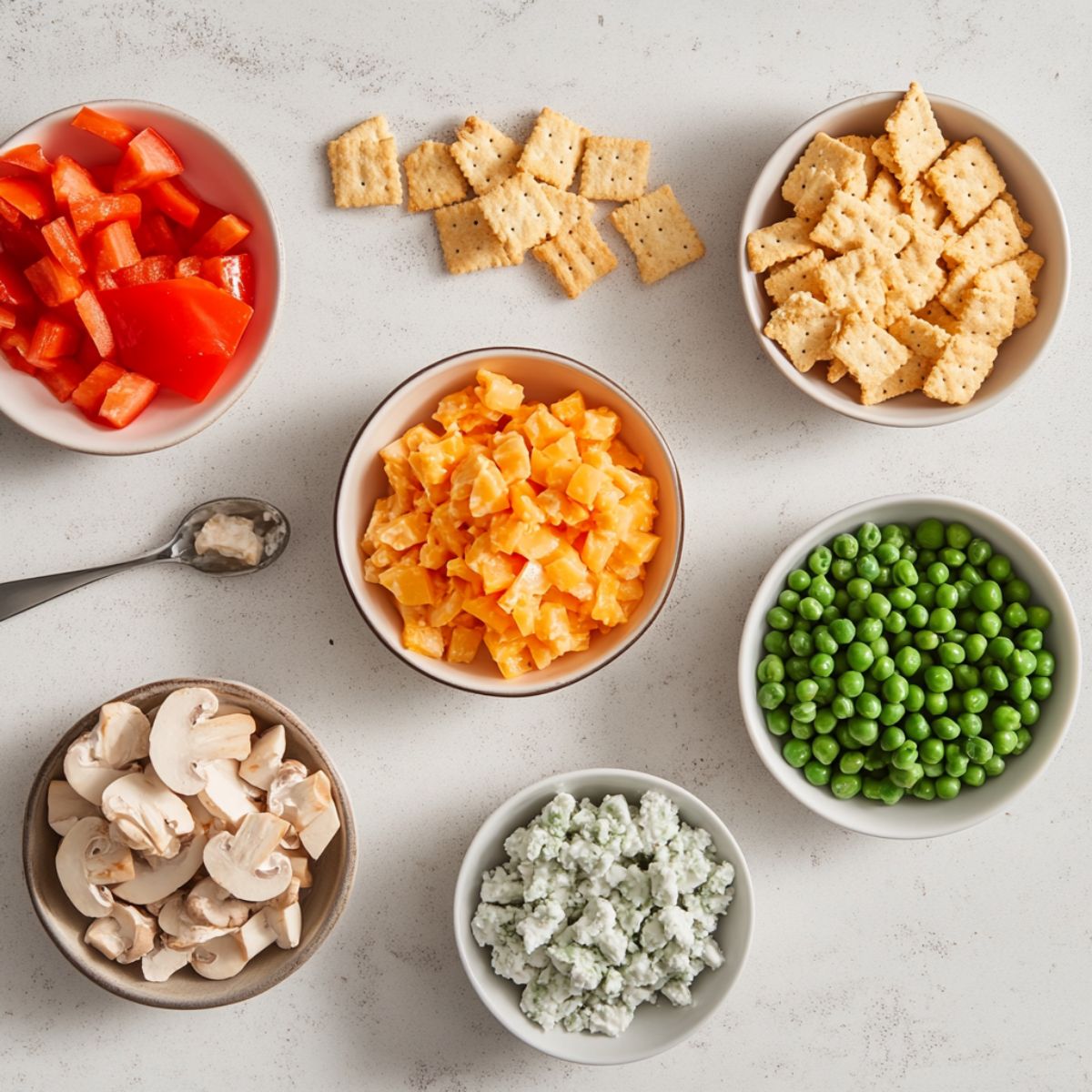 Assorted fresh ingredients in bowls for a homemade cheesy chicken broccoli rice casserole, including cheese cubes, peas, mushrooms, peppers, crackers, and crumbled cheese.