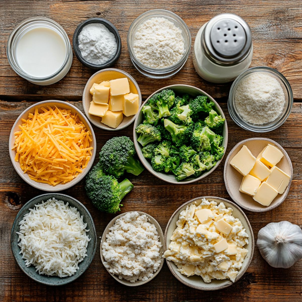 Ingredients for homemade cheesy chicken broccoli rice casserole, including broccoli, shredded cheese, rice, butter, milk, flour, and seasonings on a wooden surface.