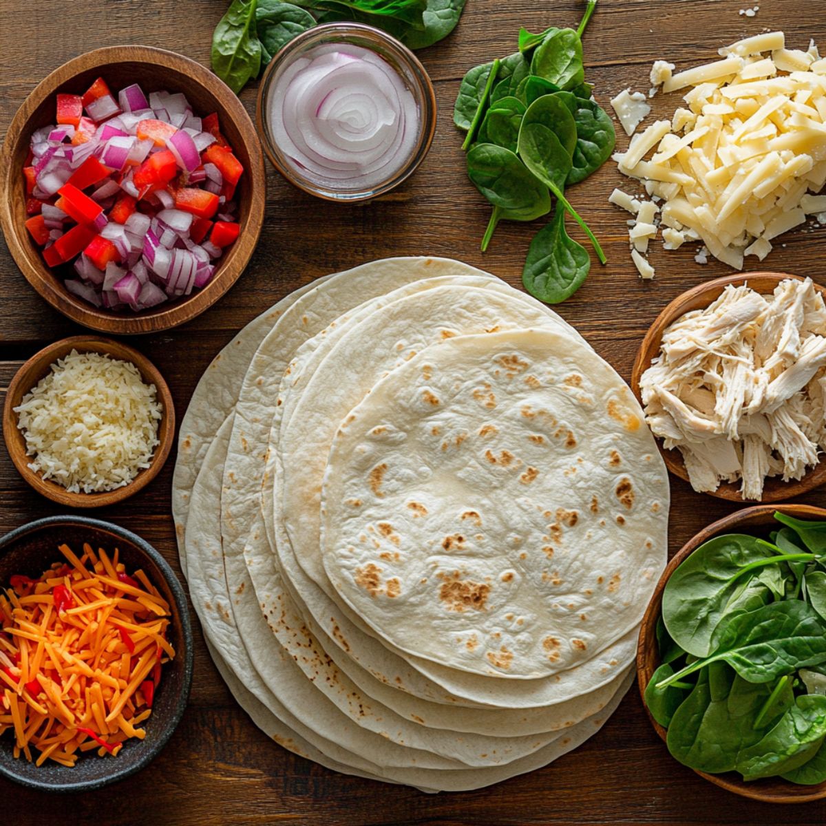 Ingredients for homemade cheesy garlic chicken wraps, including tortillas, shredded chicken, cheeses, spinach, red onion, and bell peppers, arranged on a wooden table.