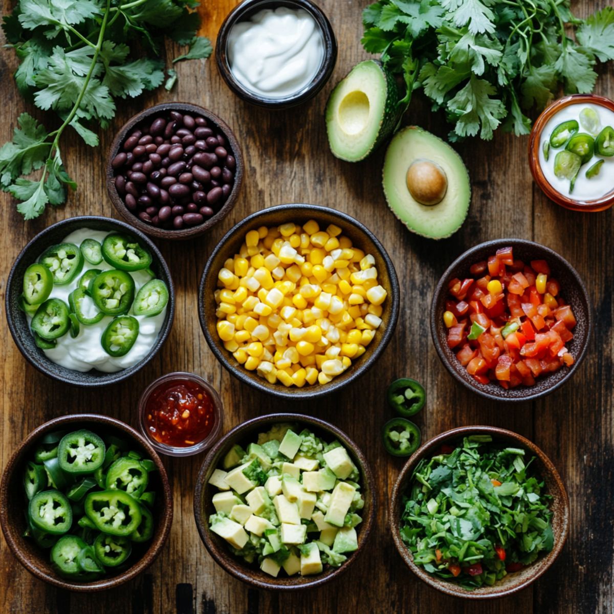 Flat lay of fresh Chicken Enchilada Casserole toppings on a rustic wooden table, including black beans, corn, diced tomatoes, avocado, jalapeños, sour cream, cilantro, and chili sauce in small bowls.