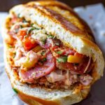 Toasted hoagie roll stuffed with chopped italian sandwich meats, melted cheese, tomatoes, peppers, onions, and herbs, all dressed in creamy Italian sauce.