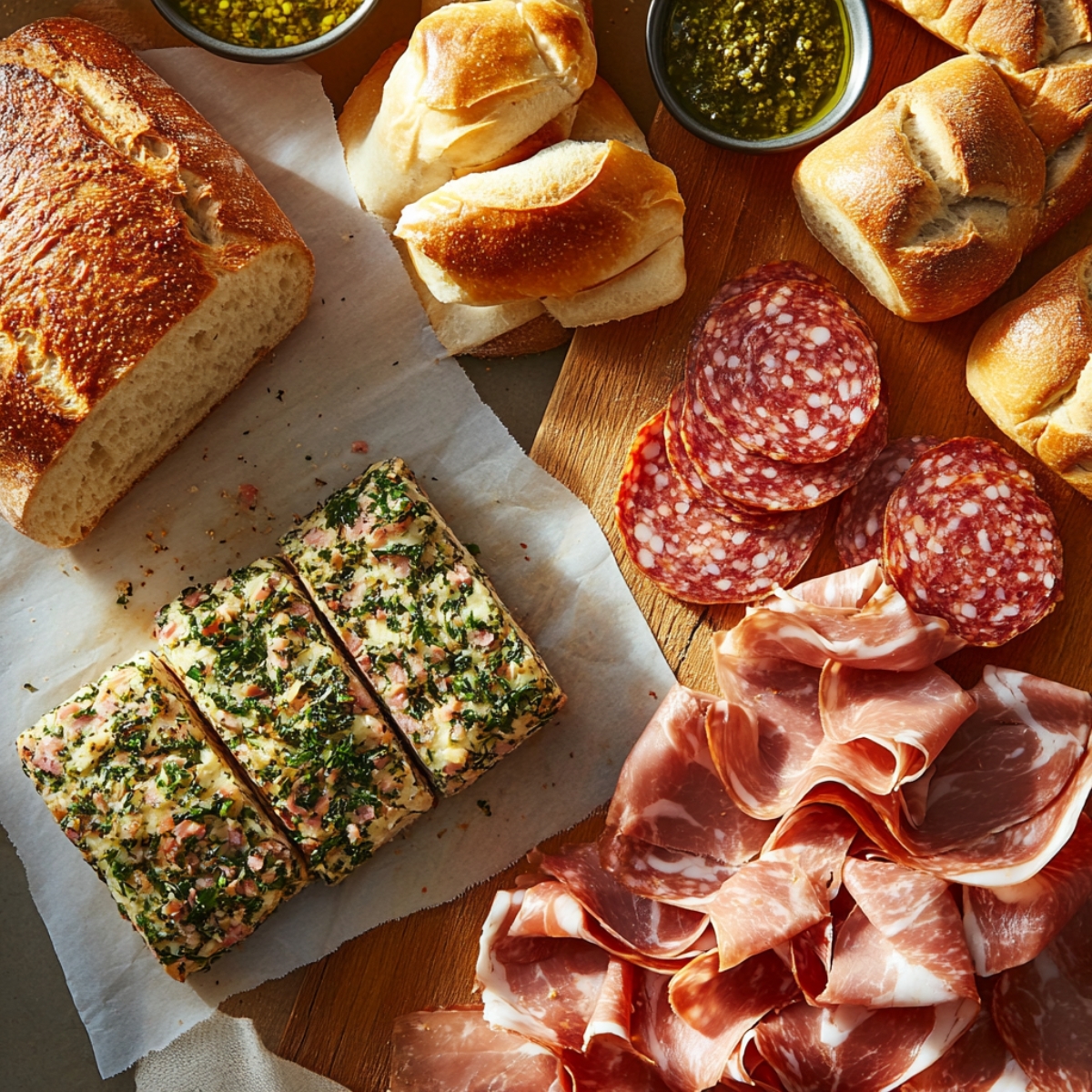 Assorted breads, salami, capicola, herb focaccia, and pesto arranged for a homemade chopped Italian sandwich.