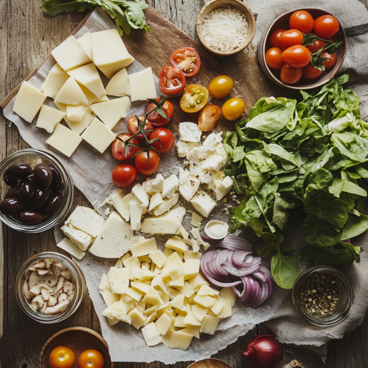 Chopped Italian sandwich ingredients on a rustic board, including cheeses, lettuce, tomatoes, red onions, olives, and seasonings.