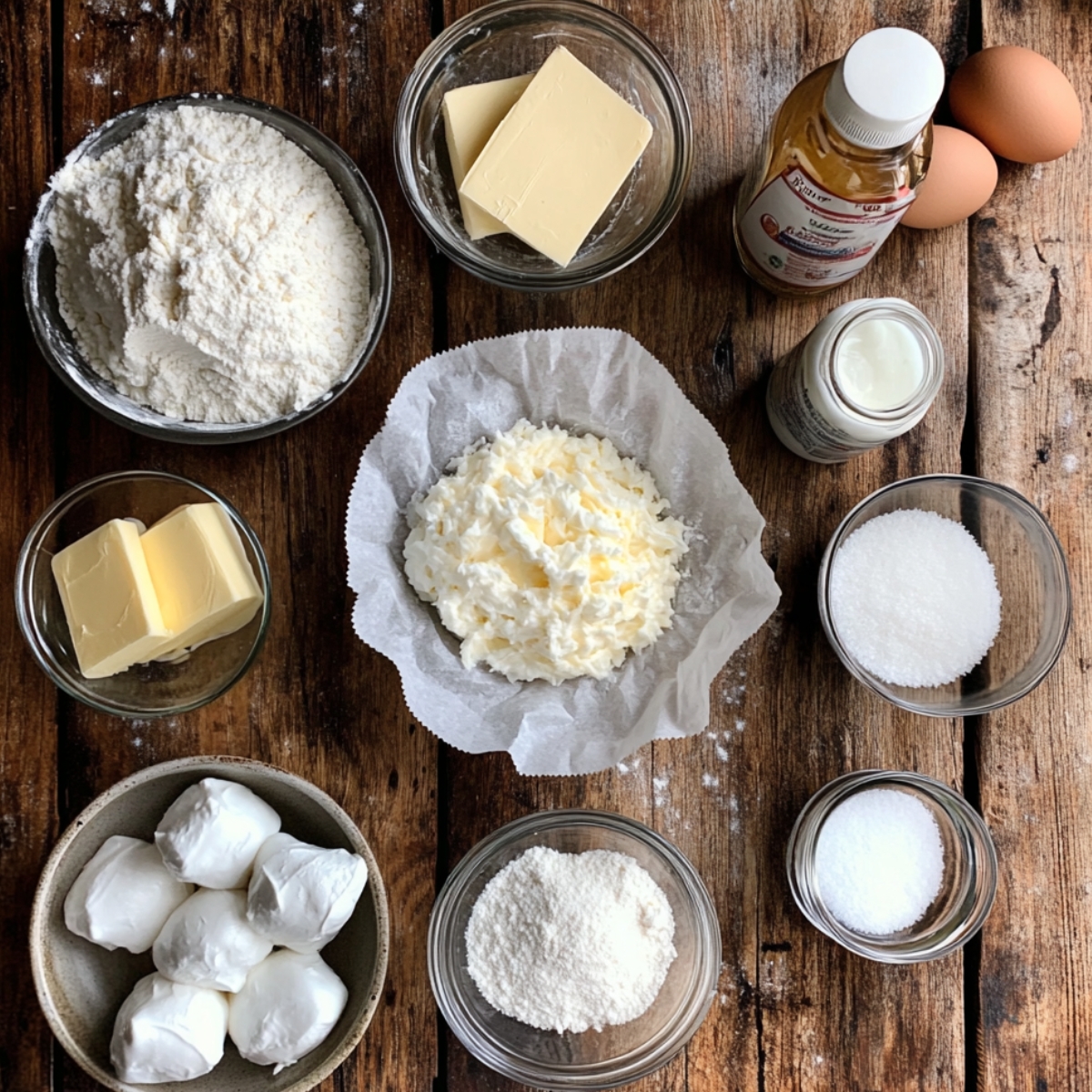 Ingredients for homemade coconut cream meringue pie on a rustic wooden table, including flour, butter, eggs, sugar, coconut, shortening, vanilla, and coconut milk.