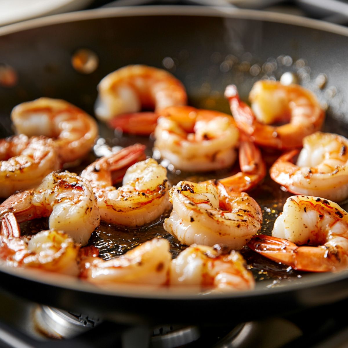 Shrimp searing in a skillet with golden edges, cooked in olive oil for creamy shrimp pasta.