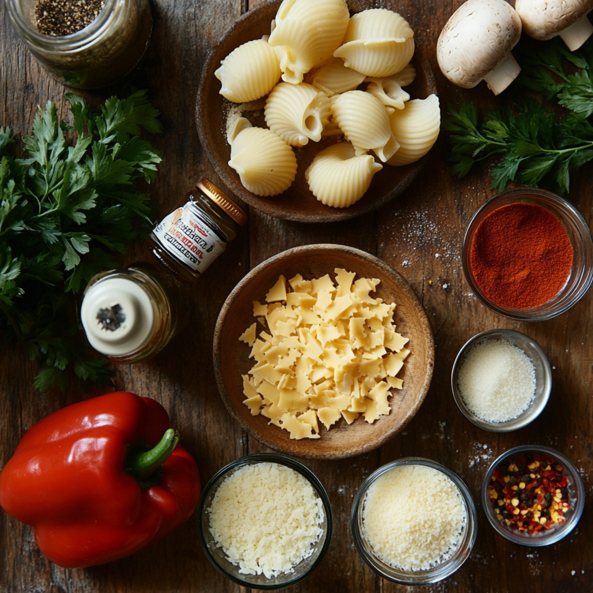 Ingredients for creamy beef and shells on a wooden table, including pasta shells, shredded cheese, bell pepper, mushrooms, parsley, spices, and seasonings.