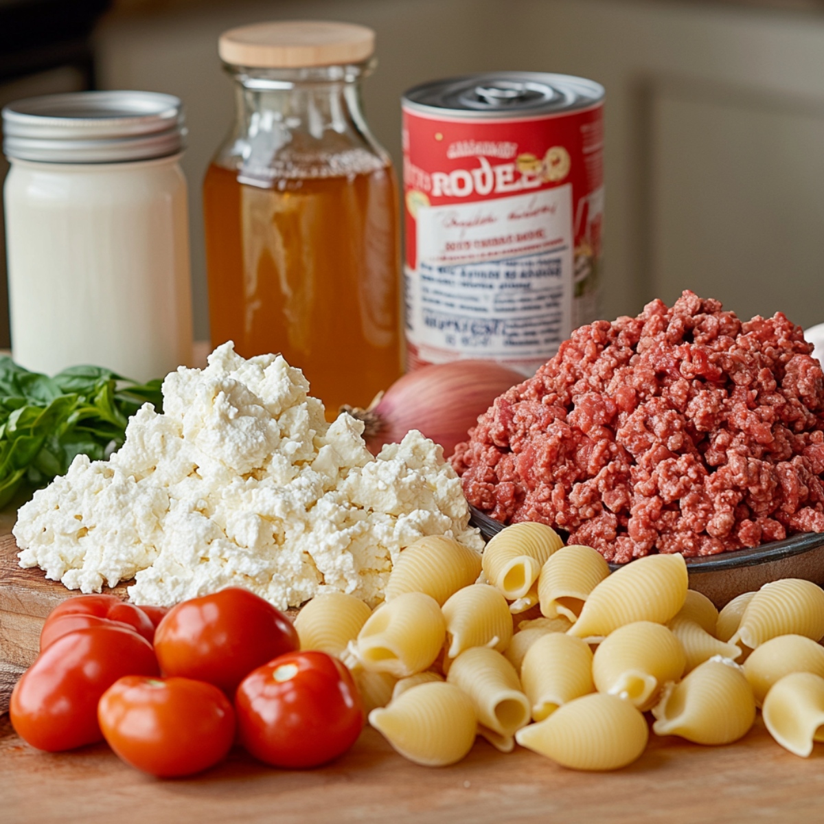 Ingredients for creamy beef and shells, including ground beef, pasta shells, tomatoes, cream cheese, broth, milk, diced tomatoes, shallot, and fresh basil on a wooden board.