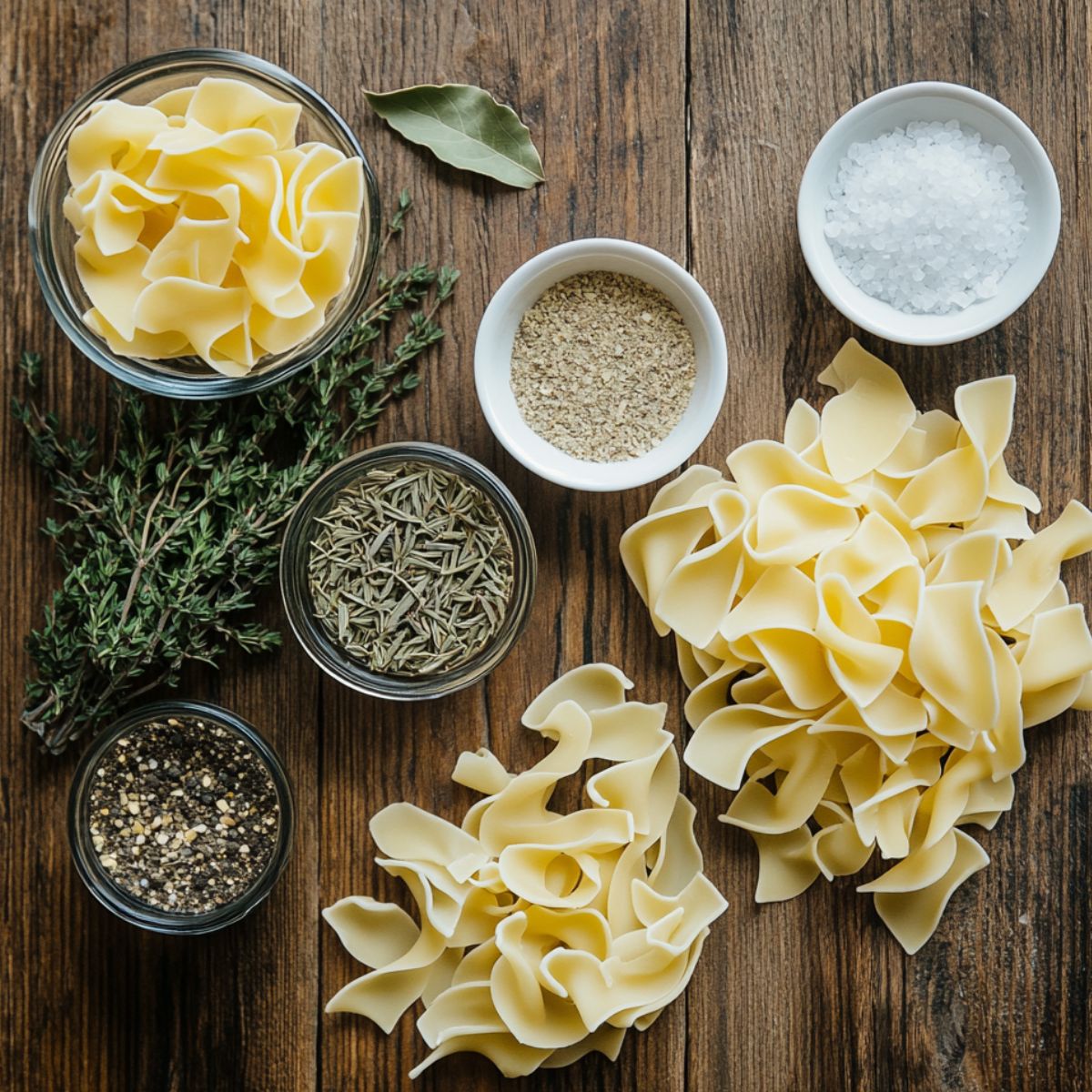 Ingredients for creamy chicken noodle soup on a rustic wooden table, including egg noodles, fresh thyme, dried rosemary, bay leaf, cracked pepper, oregano, and sea salt.