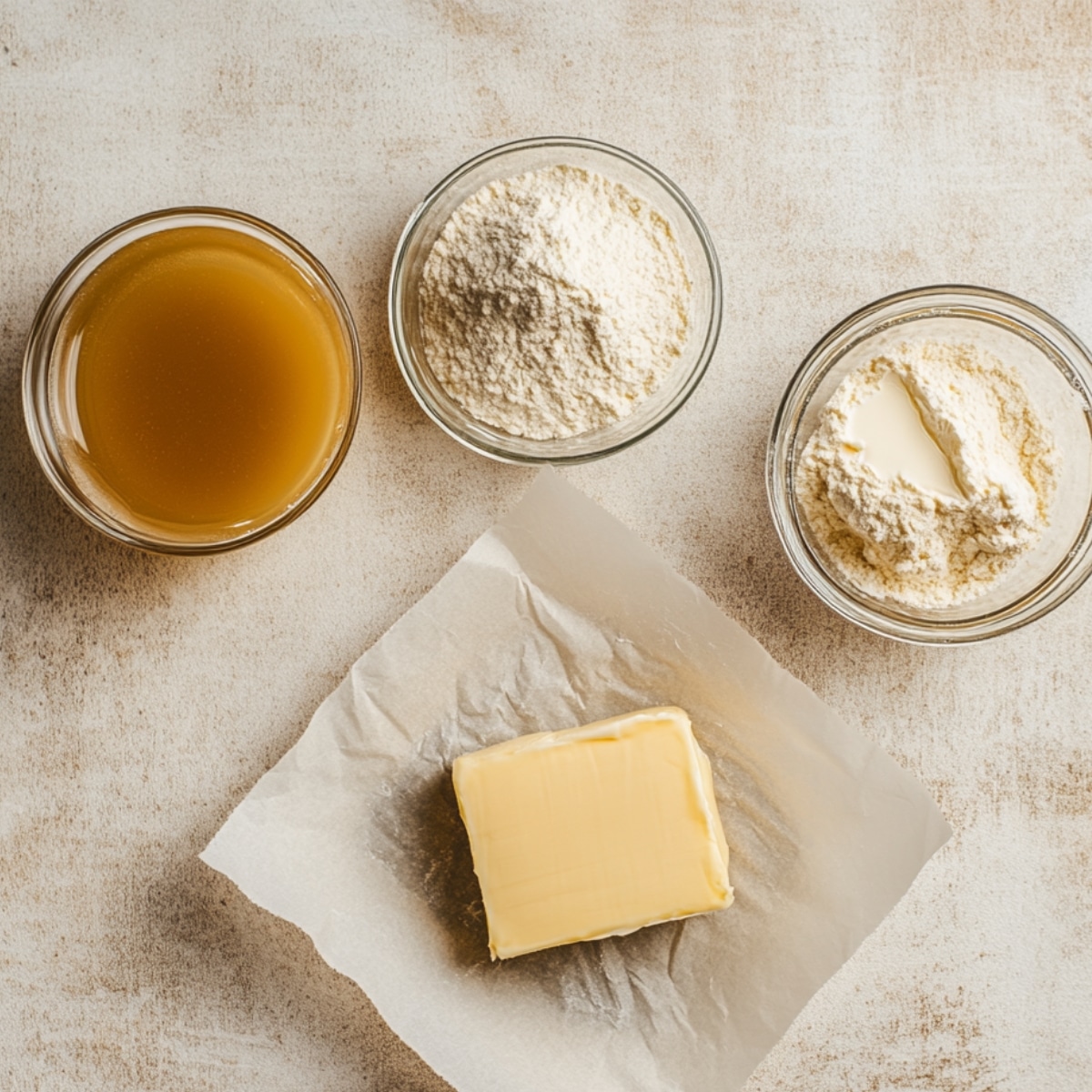 Butter, flour, cream, and broth on a light kitchen surface—basic ingredients for creamy mushroom soup.
