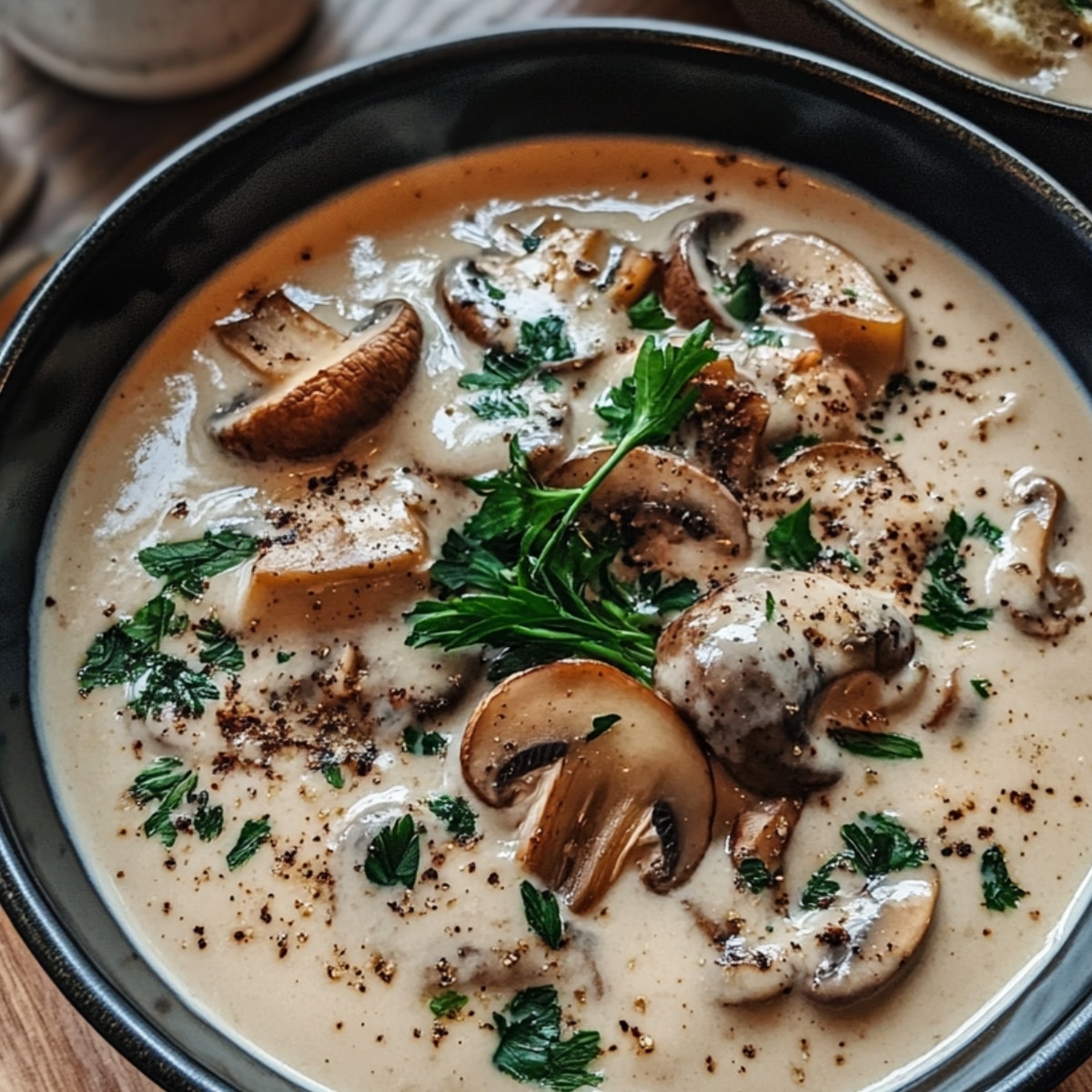 Homemade creamy mushroom soup in a black bowl, topped with parsley and black pepper, with sliced mushrooms in a thick beige broth.