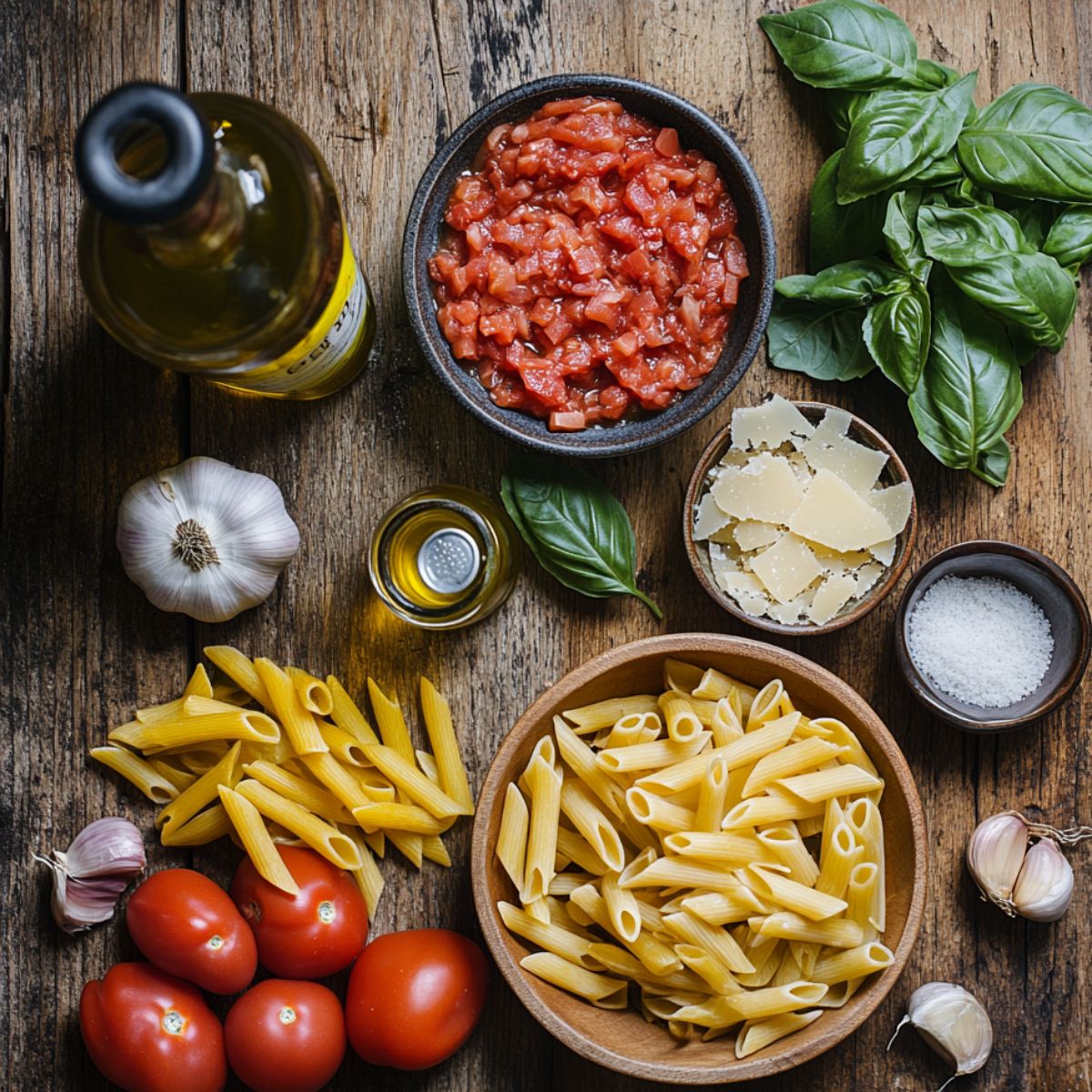 Fresh ingredients for creamy tomato pasta, including penne, crushed tomatoes, garlic, basil, Parmesan, olive oil, and salt on a rustic wooden table.