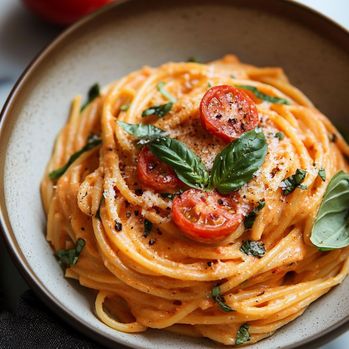 Homemade creamy tomato pasta topped with cherry tomatoes, fresh basil, Parmesan, and black pepper in a rustic bowl.