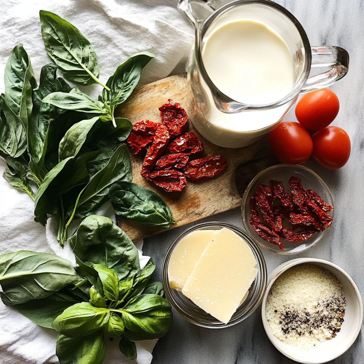 Fresh basil, sun-dried tomatoes, heavy cream, parmesan, and tomatoes arranged on a kitchen counter — ingredients for homemade creamy Tuscan chicken.