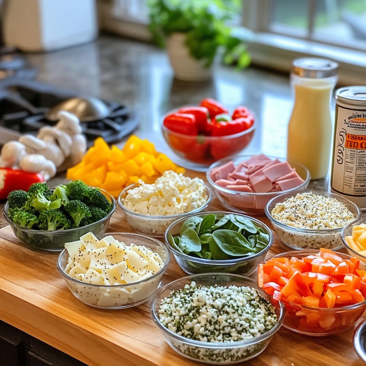 Fresh egg bites ingredients on a kitchen counter: chopped peppers, spinach, cheeses, broccoli, diced ham, and seasonings in glass bowls, with milk and herbs in the background.