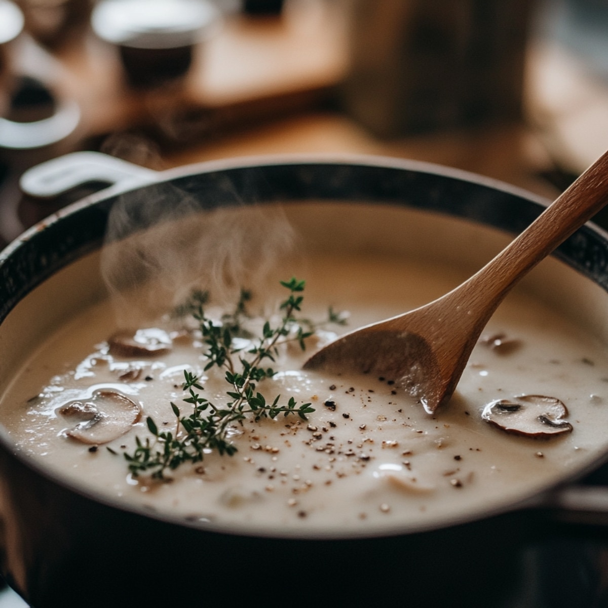 Creamy mushroom soup simmering in a pot, stirred with a wooden spoon, topped with thyme sprigs and cracked pepper.