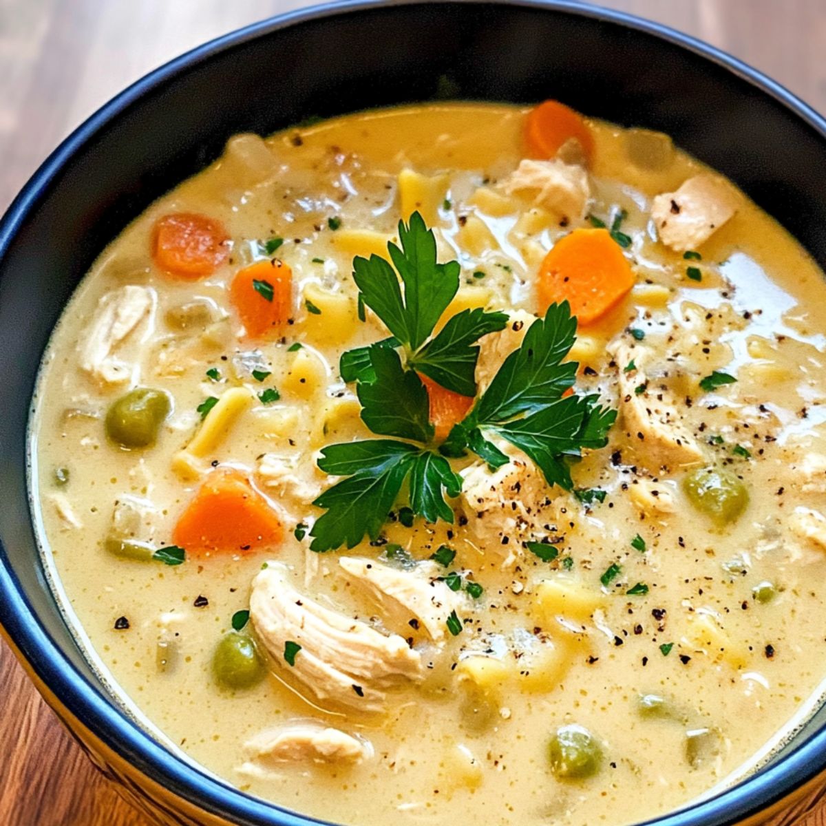 Homemade creamy chicken noodle soup with shredded chicken, egg noodles, carrots, peas, and fresh parsley in a rich, golden broth, served in a black bowl.