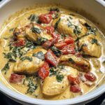 Homemade creamy Tuscan chicken with seared chicken breasts in a garlic parmesan cream sauce, mixed with spinach and juicy tomatoes in a white skillet. Rich, rustic, and freshly cooked.