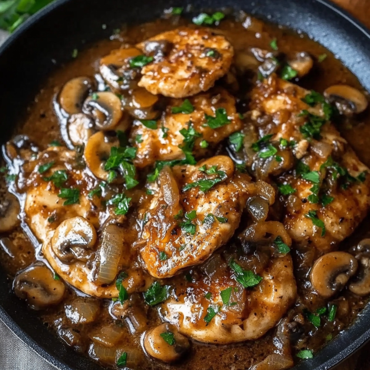 Homemade chicken marsala in a skillet with golden-brown chicken, sautéed mushrooms, caramelized onions, and rich marsala wine sauce, topped with fresh parsley