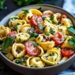 Homemade tortellini pasta salad with cheese tortellini, cherry tomatoes, fresh herbs, and grated Parmesan in a ceramic bowl.