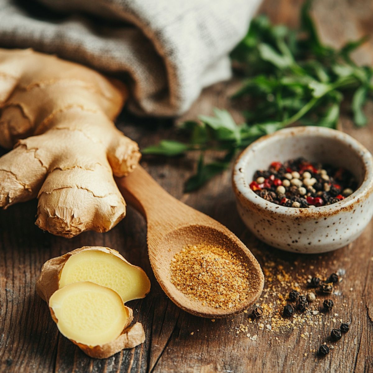 Fresh ginger root with slices, ground spice in a wooden spoon, and mixed peppercorns in a ceramic bowl on a rustic wooden table.