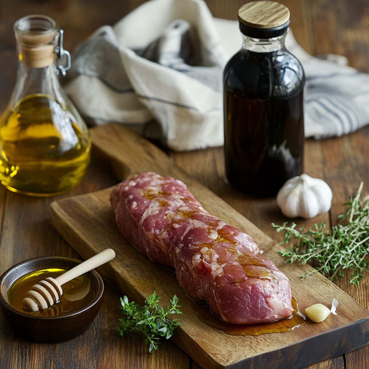 Raw pork tenderloin drizzled with honey on a wooden board, surrounded by garlic, thyme, olive oil, soy sauce, and a bowl of honey, all on a rustic kitchen table.