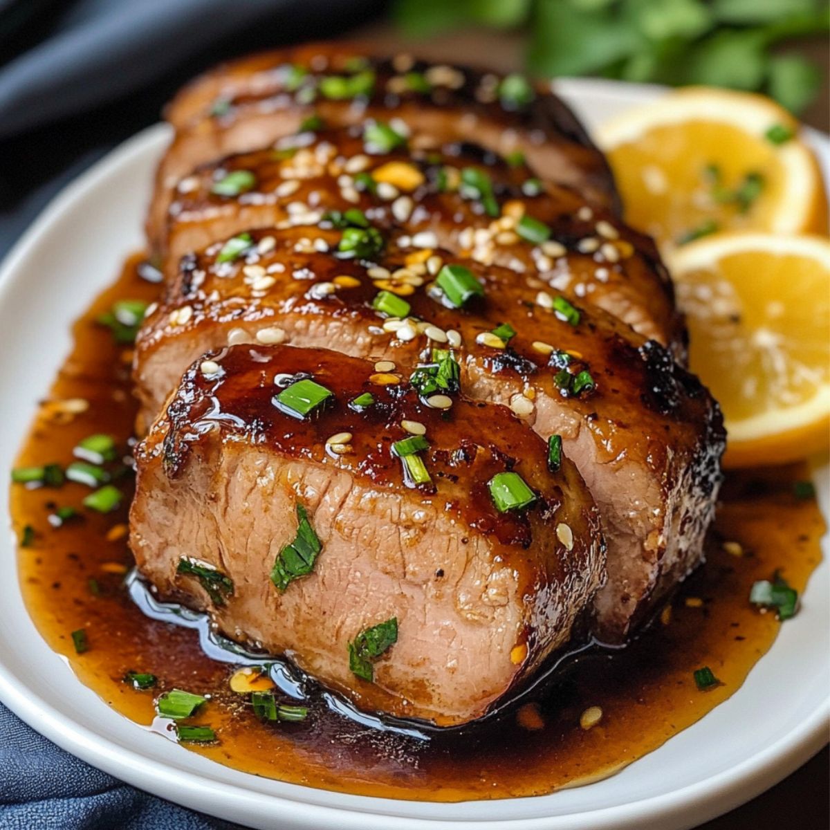 Juicy slices of honey garlic pork tenderloin glazed with a rich, sticky sauce, topped with green onions and sesame seeds, served on a white plate with lemon halves on the side.
