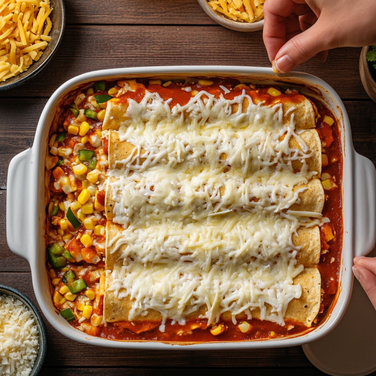 Overhead view of chicken enchilada casserole being assembled in a white dish, with tortillas topped with cheese and a hand sprinkling more. Corn and peppers are visible in the filling.