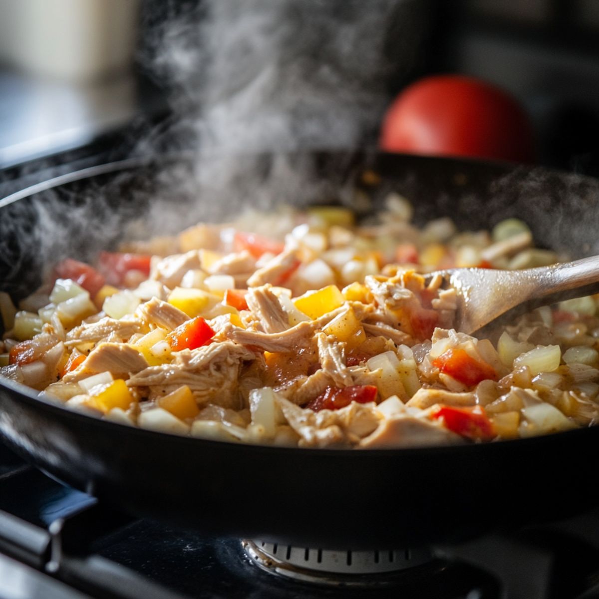 Close-up of a steaming skillet filled with shredded chicken, diced onions, and red and yellow bell peppers being sautéed with spices, stirred with a wooden spoon on a stovetop.