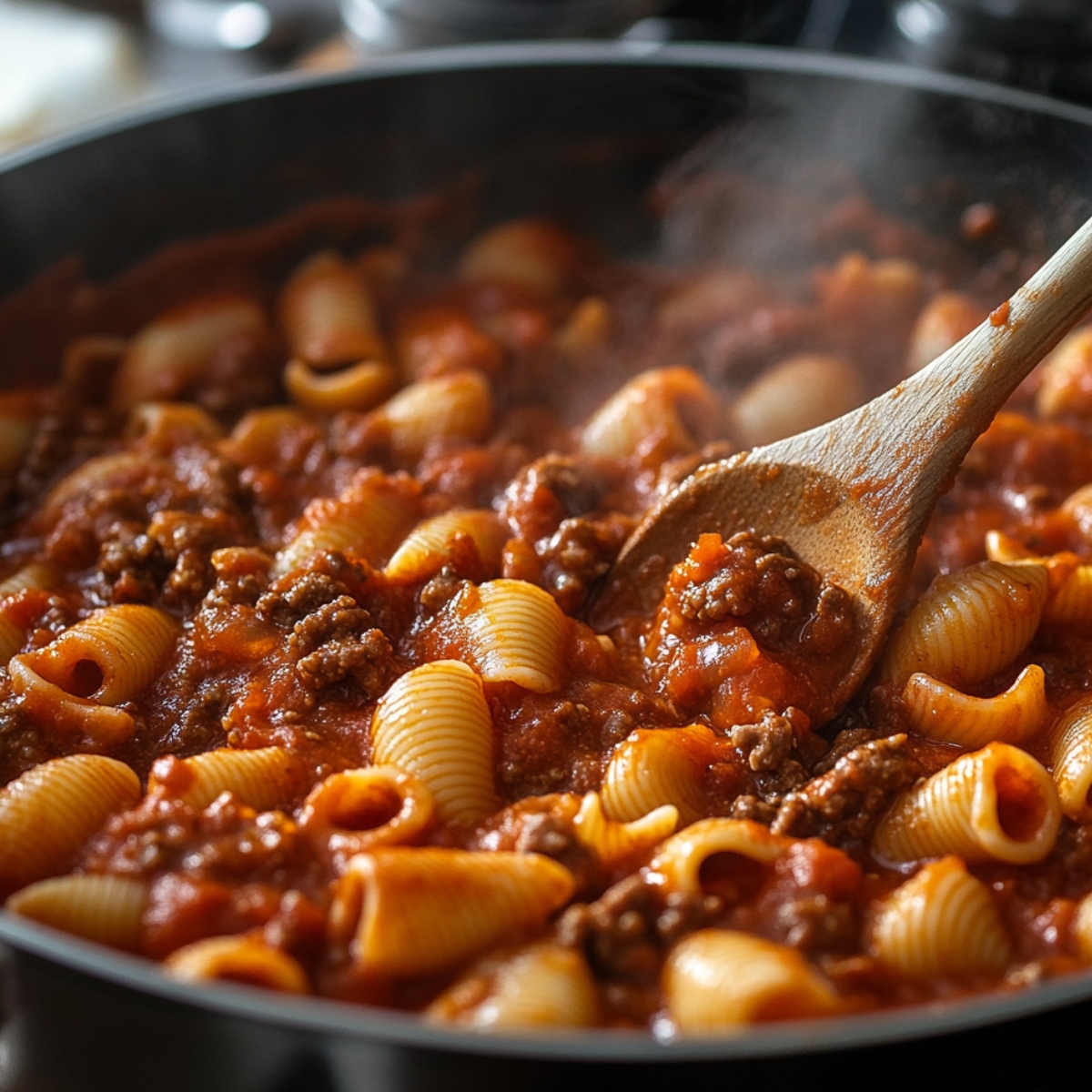 Shell pasta simmering in a rich tomato meat sauce, with ground beef and steam rising, stirred with a wooden spoon—homemade creamy beef and shells in progress.