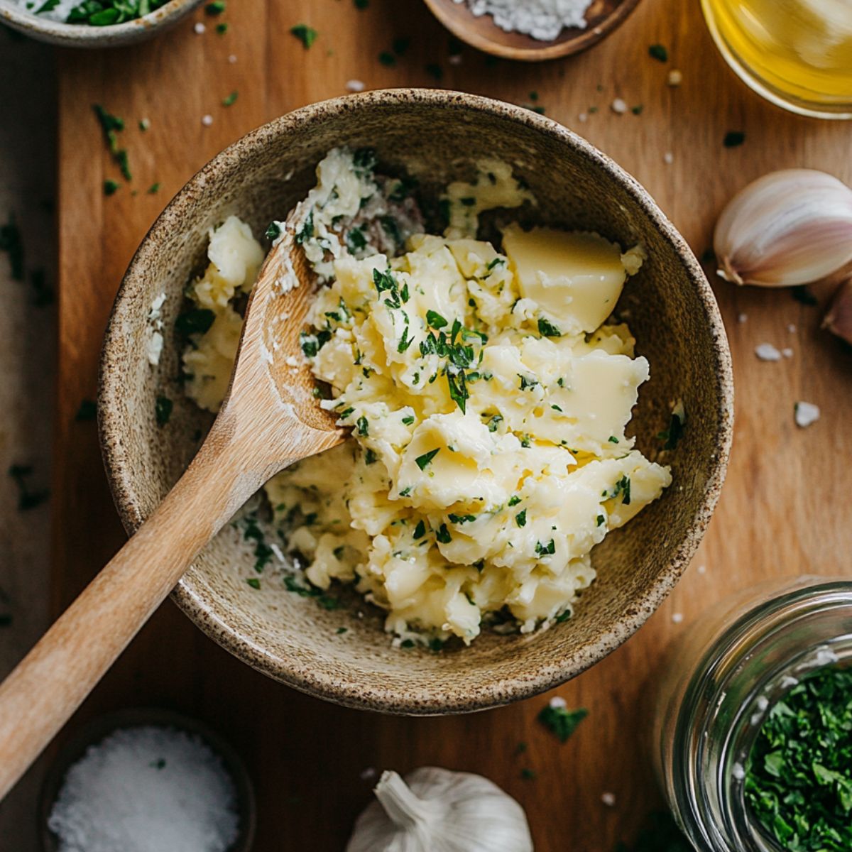 Bowl of softened butter mixed with chopped parsley, surrounded by garlic, salt, and herbs on a wooden surfaceโprepping garlic butter for homemade wraps.